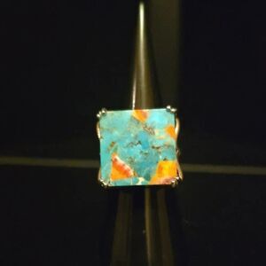 Turquoise and Orange Square Ring, 925 Sterling Silver.